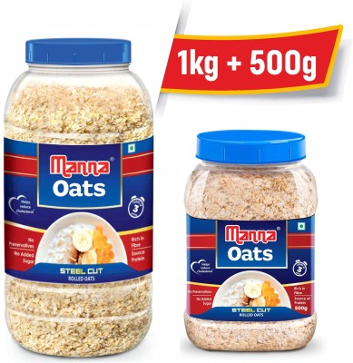 Manna Oats - 1.5kg (1kg x 1 Jar and 0.5kg x 1 Jar) | Gluten Free Steel Cut Rolled Oats | High in Fibre & Protein | 100% Natural | Helps Maintain Cholesterol. Good for Diabetics Plastic Bottle(2 x 0.75 kg)
