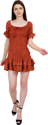 ART OF CLOTHING Women Cinched Waist Brown Above Knee/Mid Thigh Length Dress