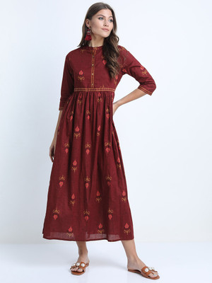 Vishudh Women A-line Maroon Midi/Calf Length Dress