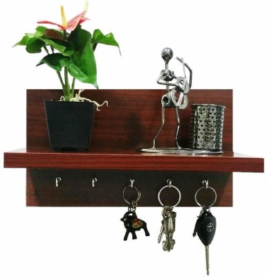 THAR HOME FURNISHING Iron and Wood Wall Mounted Key Holder Stand with Storage Shelf Wood Key Holder(5 Hooks, Brown)
