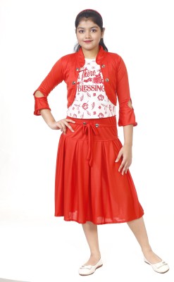 NFC FASHIONS Girls Calf Length Casual Dress(Red, 3/4 Sleeve)
