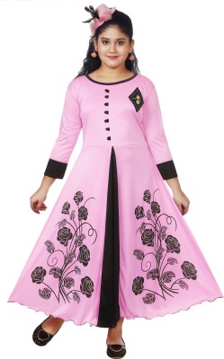 KAARIGARI Girls Maxi/Full Length Party Dress(Pink, 3/4 Sleeve)