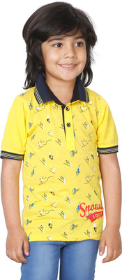 Fourfolds Boys Typography, Printed Cotton Blend Regular T Shirt(Yellow, Pack of 1)