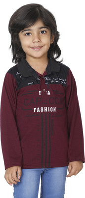 Fourfolds Boys Typography, Printed Cotton Blend Regular T Shirt(Maroon, Pack of 1)