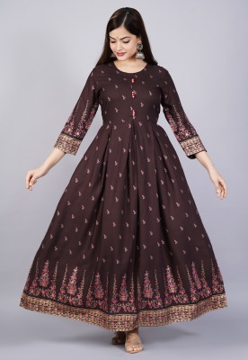 RI AND SU Women Printed Anarkali Kurta(Brown)