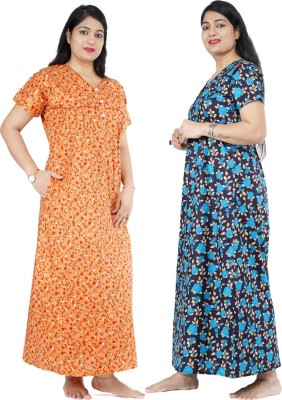 Wristy Women Nighty Set(Orange, Blue)