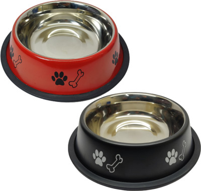 FOURESTA Large Dog Bowl 700 ml Combo Pack of 2 Feeding Bowls for Dog Non-Skid Dog Bowl Stainless Steel Pet Bowl(710 ml Red, Black)