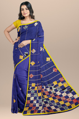 Bong ButiQ Woven Handloom Cotton Blend Saree(Blue)