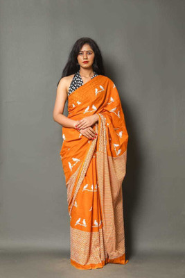 NIKHILAM Printed Daily Wear Pure Cotton Saree(Orange)