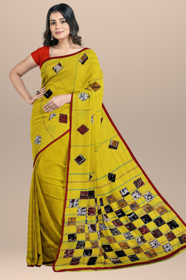 SLAGHA Applique Handloom Pure Cotton Saree(Yellow)