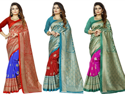 Vimalnath Synthetics Printed Kanjivaram Art Silk Saree(Pack of 3, Multicolor)
