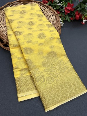 KREZVI Printed Kanjivaram Jacquard, Cotton Silk Saree(Yellow)