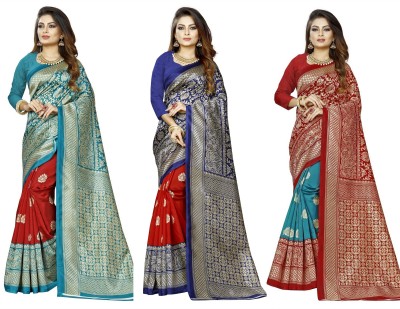 Vimalnath Synthetics Printed Banarasi Art Silk Saree(Pack of 3, Multicolor)