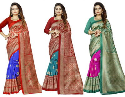 Vimalnath Synthetics Printed Kanjivaram Art Silk Saree(Pack of 3, Multicolor)