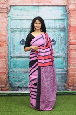 hastshilpi Printed, Color Block, Blocked Printed, Floral Print, Dyed Daily Wear Pure Cotton Saree(Purple)