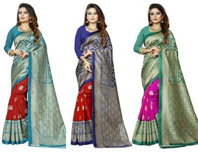 Vimalnath Synthetics Printed Banarasi Art Silk Saree(Pack of 3, Multicolor)