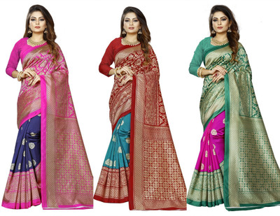 Vimalnath Synthetics Self Design Bollywood Art Silk Saree(Pack of 3, Multicolor)