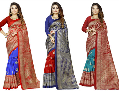 Vimalnath Synthetics Printed Kanjivaram Art Silk Saree(Pack of 3, Multicolor)