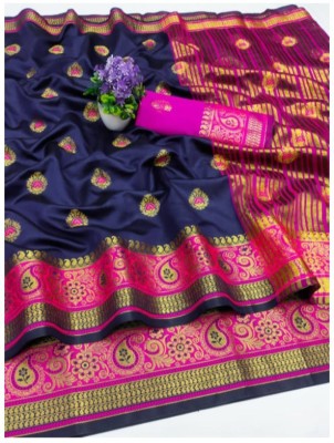 V Creations Printed Banarasi Silk Blend Saree(Blue)