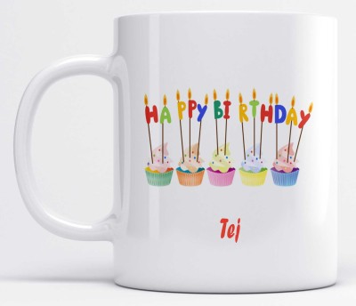 LOROFY Name Tej Printed Happy Birthday Candle Design Ceramic Coffee Mug(325 ml)