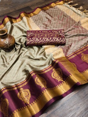 KARTVYA CREATION Woven Banarasi Cotton Silk, Jacquard Saree(Cream)