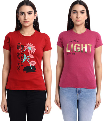 Fabflee Graphic Print Women Round Neck Red, Pink T-Shirt