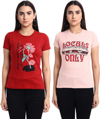 Fabflee Printed Women Round Neck Red, Pink T-Shirt
