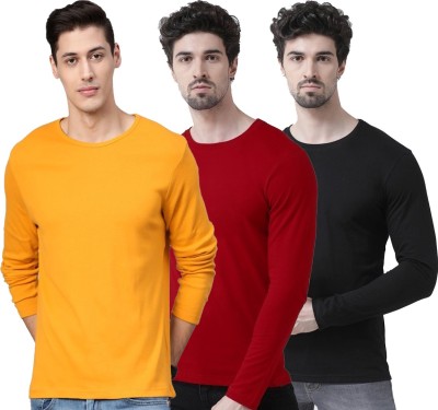 INDIZO Solid Men Round Neck Maroon, Black, Yellow T-Shirt