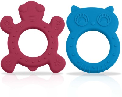 LuvLap Baby Silicone Teether for Teething Gums, Dual Pack, Teething Toy for Infants and Babies, 100% Food Grade Silicone, Owl & Turtle Design with Textured Surface Teether(Blue & Rubine Red)