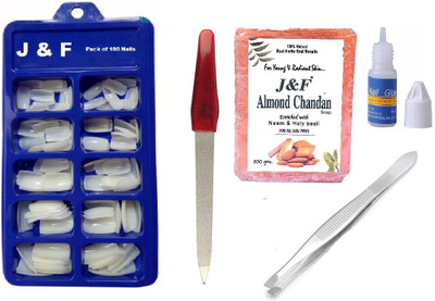 J & F Fake Nails with Glue ,Plucker ,Nail Filer ,Almond Chandan Soap(5 Items in the set)