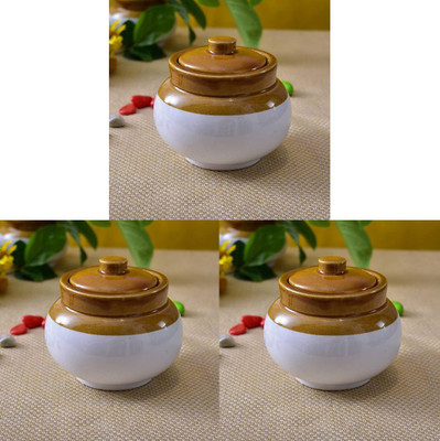 Jetwals Ceramic Pickle Jar  - 200 ml(Pack of 3, White, Brown)