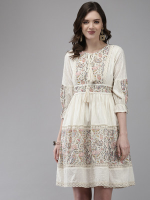 Ishin Women A-line White Above Knee/Mid Thigh Length Dress