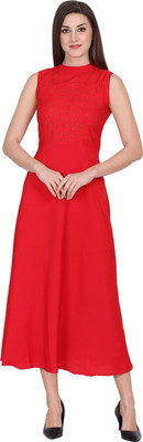 PREEGO Women A-line Red Midi/Calf Length Dress