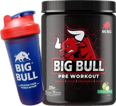 Big Bull Hardcore Pre-Workout Green Apple Flavor [30-60 Serving, 255g] Free Shaker Energy Drink
