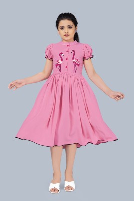 Mirrow Trade Girls Midi/Knee Length Party Dress(Pink, Short Sleeve)