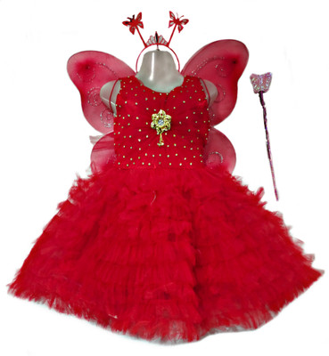 SAMJHO FASHION Girls Midi/Knee Length Festive/Wedding Dress(Red, Sleeveless)
