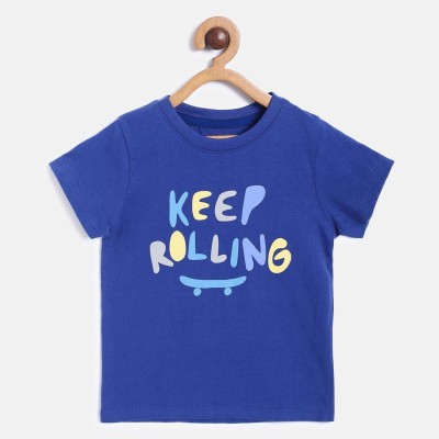 MINI KLUB Boys Typography, Printed Cotton Blend T Shirt(Blue, Pack of 1)