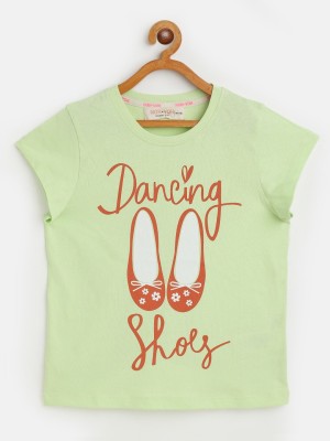 Noh.Voh - SASSAFRAS Kids Girls Typography, Printed Cotton Blend T Shirt(Green, Pack of 1)