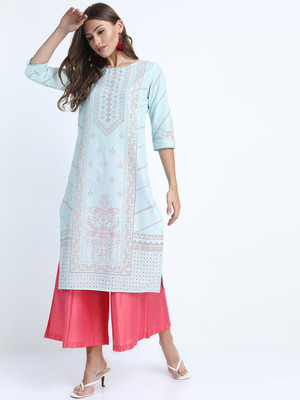Vishudh Women Printed Straight Kurta(Light Blue)