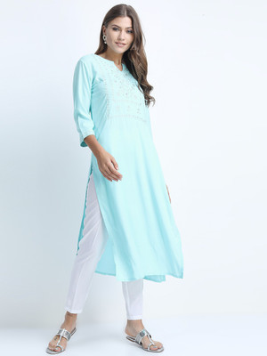 Vishudh Women Solid Straight Kurta(Light Blue)