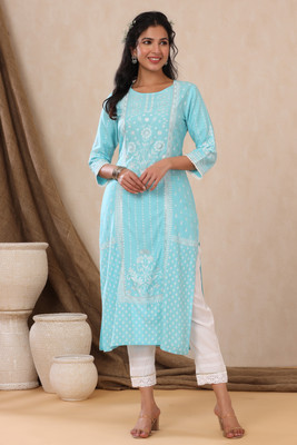 Juniper Women Printed Straight Kurta(Blue)