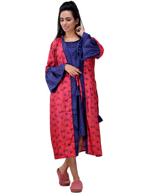 CLYMAA Women Nighty with Robe(Red)