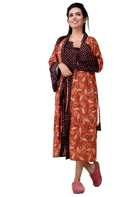 CLYMAA Women Nighty with Robe(Brown)