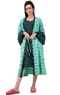 CLYMAA Women Nighty with Robe(Dark Green)