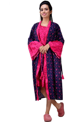 CLYMAA Women Nighty with Robe(Dark Blue)