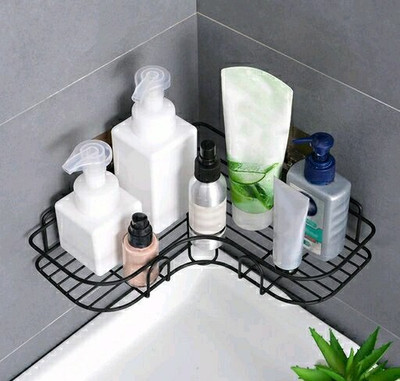 NIPAN Self-Adhesive Metal Bathroom Corner Rack Organizer Storage, Bathroom Steel Wall Shelf(Number of Shelves - 1, Black)