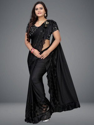 IRONIC CREATION Solid/Plain Bollywood Lycra Blend Saree(Black)