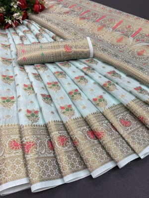 Varni Enterprise Woven Banarasi Jacquard, Cotton Silk Saree(Light Blue, Red, Green, Gold)