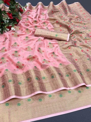 KRENIW Floral Print Kanjivaram Jacquard, Cotton Silk Saree(Pink)