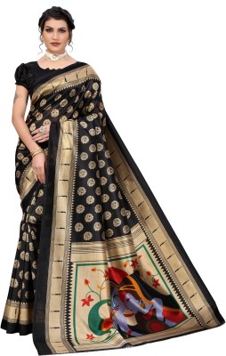 PINK WISH Printed Daily Wear Art Silk Saree(Black)